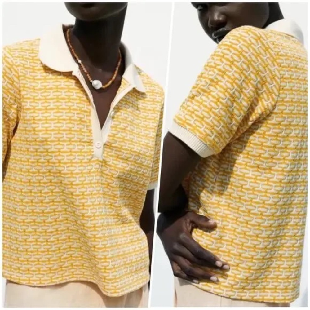 Zara Knit Collar Short Sleeve V neck Top